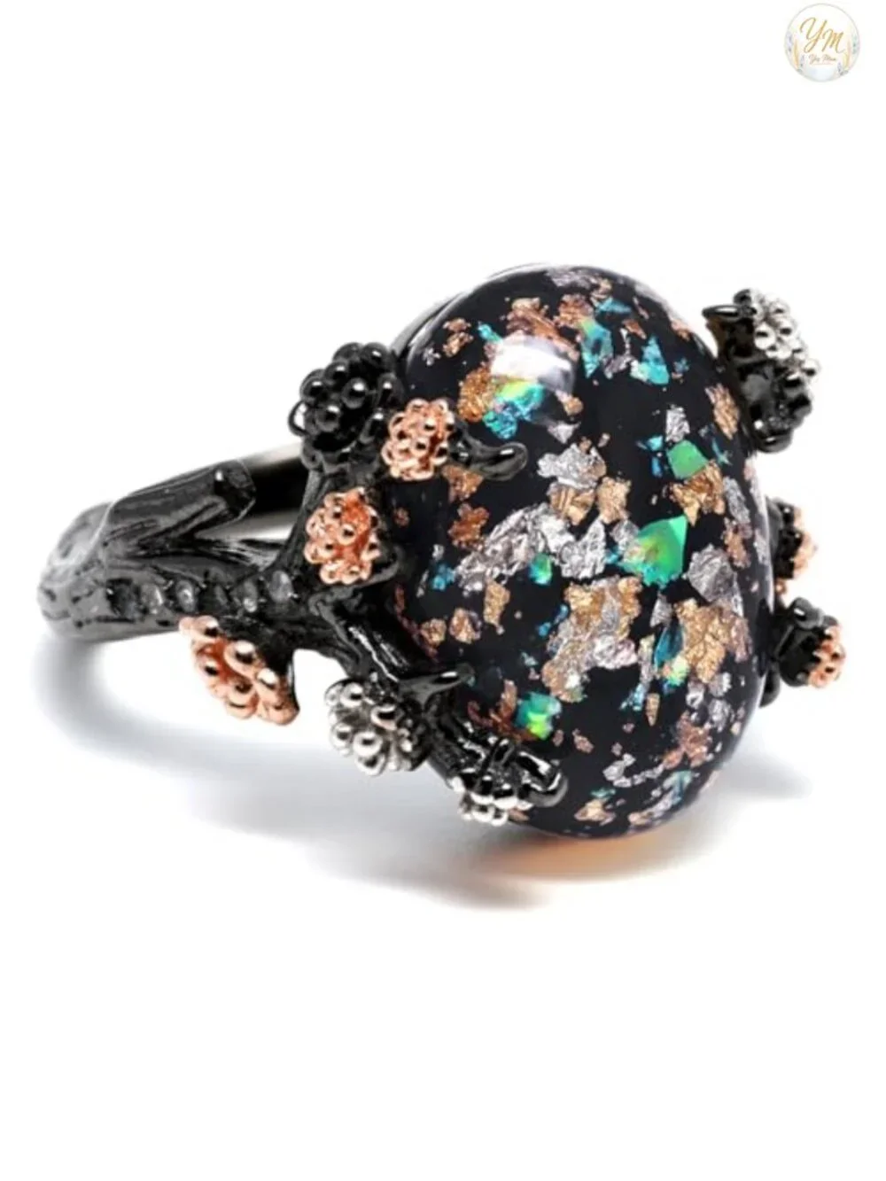 Henrietta Gothic Opal Ring, Simulated White Fire Opal CZ Black Rose Gold Plated
